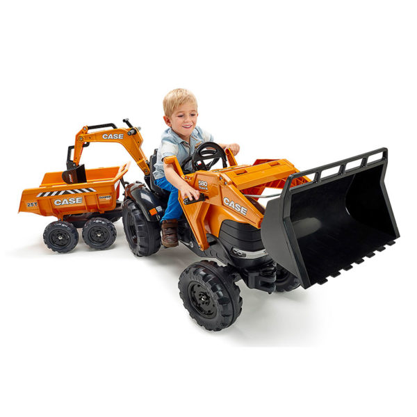 Little boy playing with Falk Toys Case Construction 997W Backhoe Loader