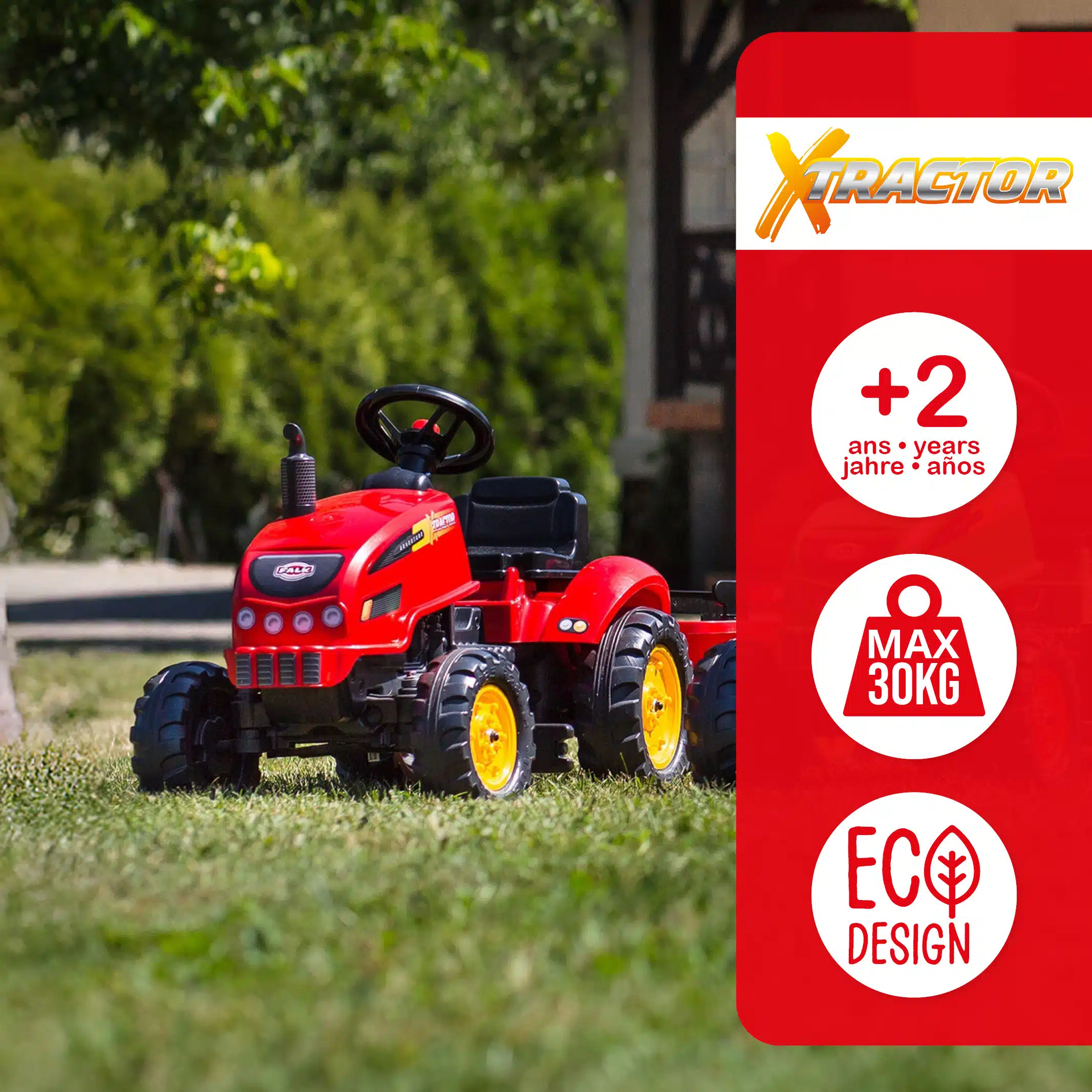 Red X Tractor pedal tractor with opening bonnet and trailer - Image 4