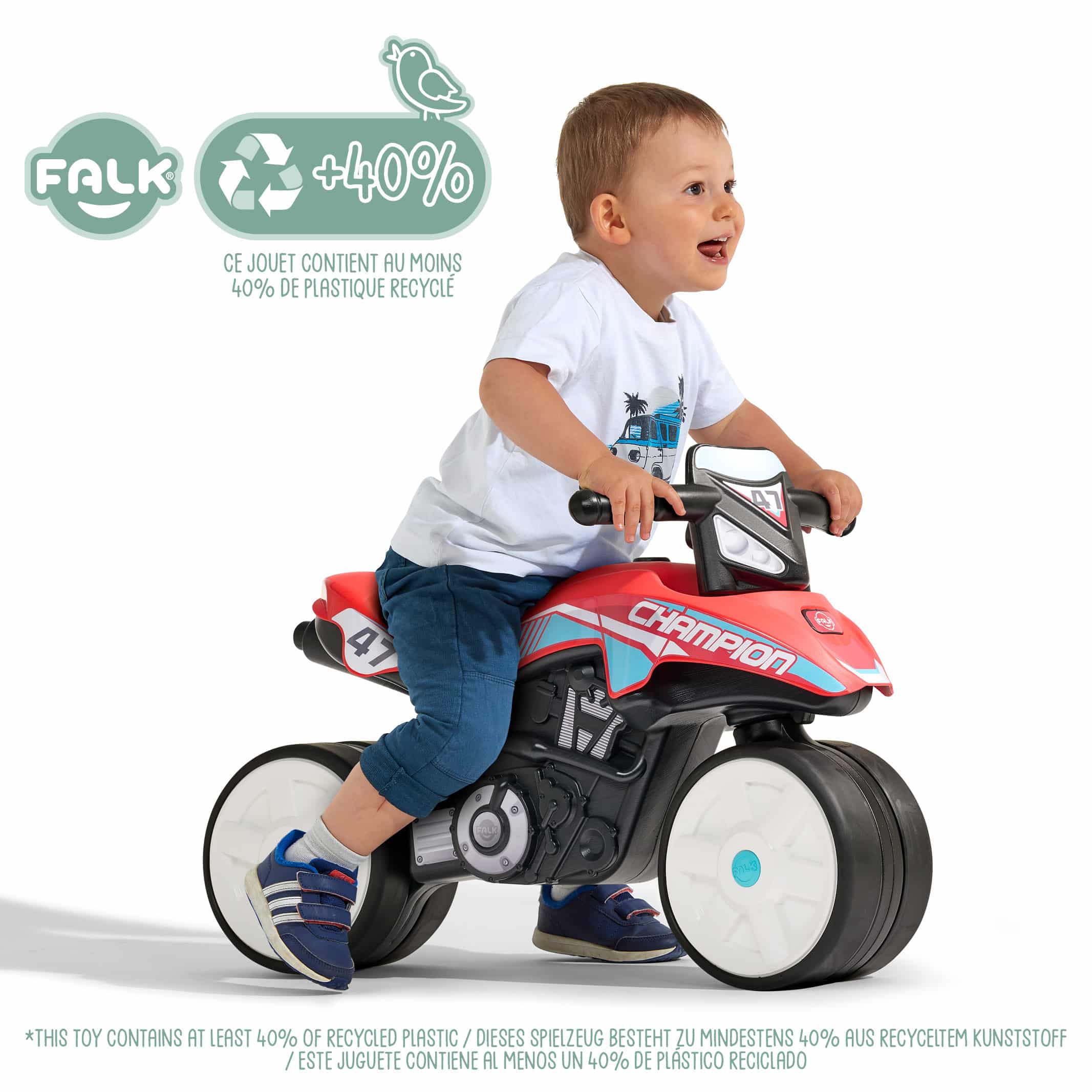 Draisienne Moto FALK Prem1er - Bleu - Roues Larges Silencieuses - Guidon Directionnel - 75% Plastique Recyclé - Fabriquée En France - Dès 12 Mois