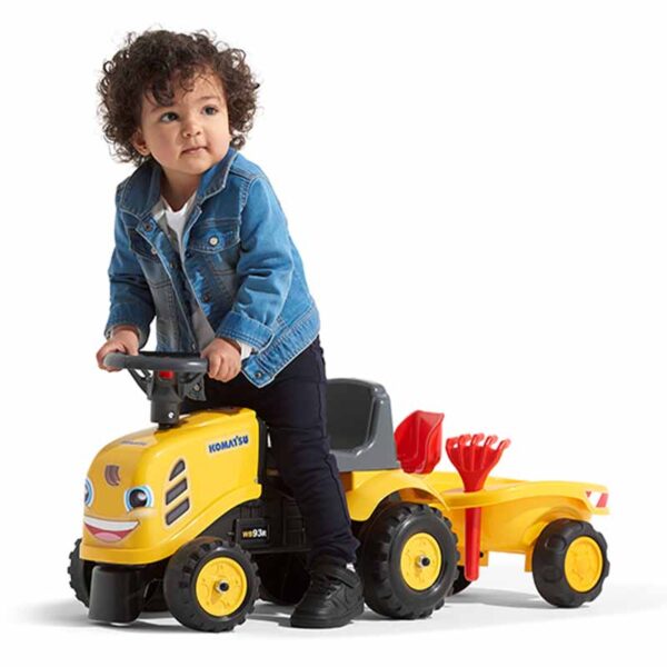 Baby Komatsu ride-on tractor with trailer, rake & shovel - Image 2