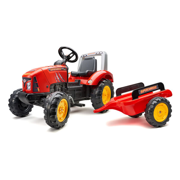 Red Supercharger pedal tractor with opening bonnet and trailer included