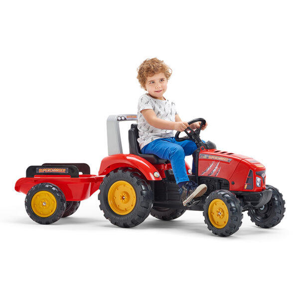 Red Supercharger pedal tractor with opening bonnet and trailer included - Image 2