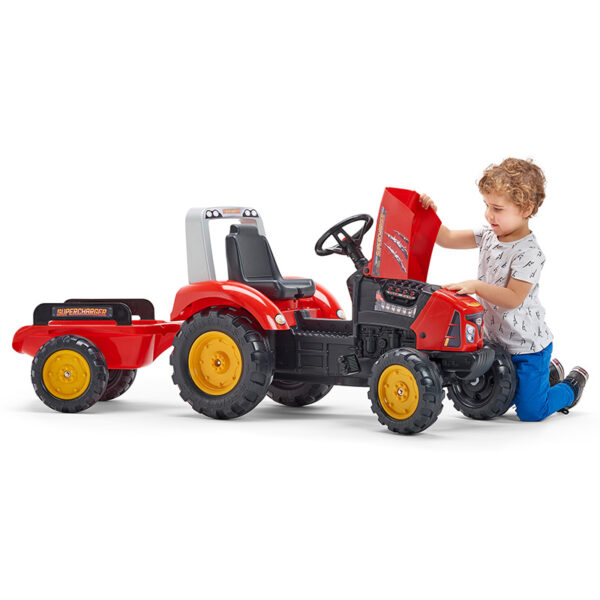 Red Supercharger pedal tractor with opening bonnet and trailer included - Image 3