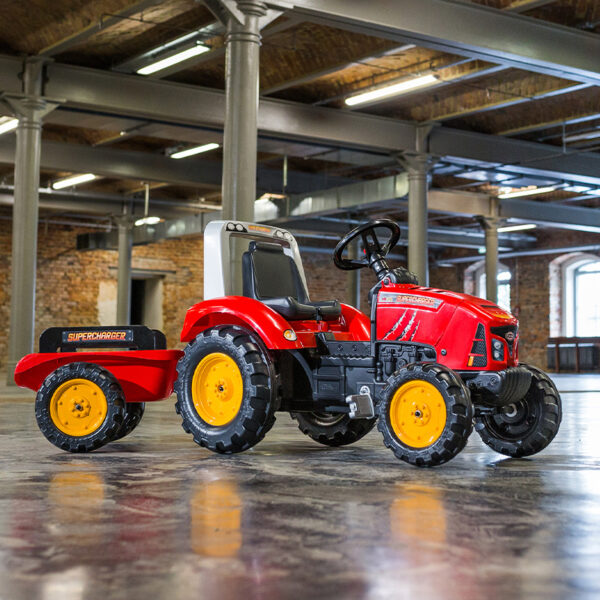 Red Supercharger pedal tractor with opening bonnet and trailer included - Image 4