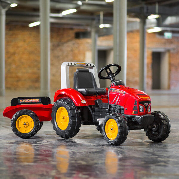 Red Supercharger pedal tractor with opening bonnet and trailer included - Image 5