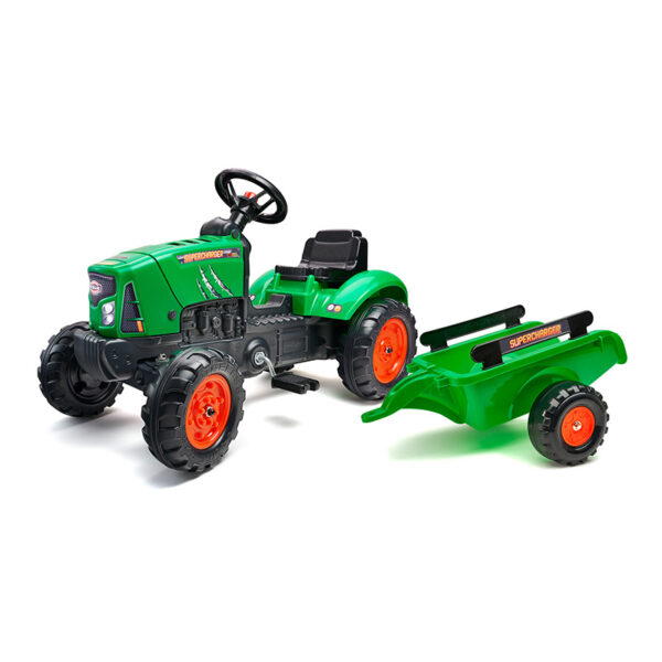 Green Supercharger pedal tractor with opening bonnet and trailer