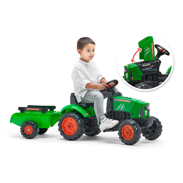 Green Supercharger pedal tractor with opening bonnet and trailer - Image 2