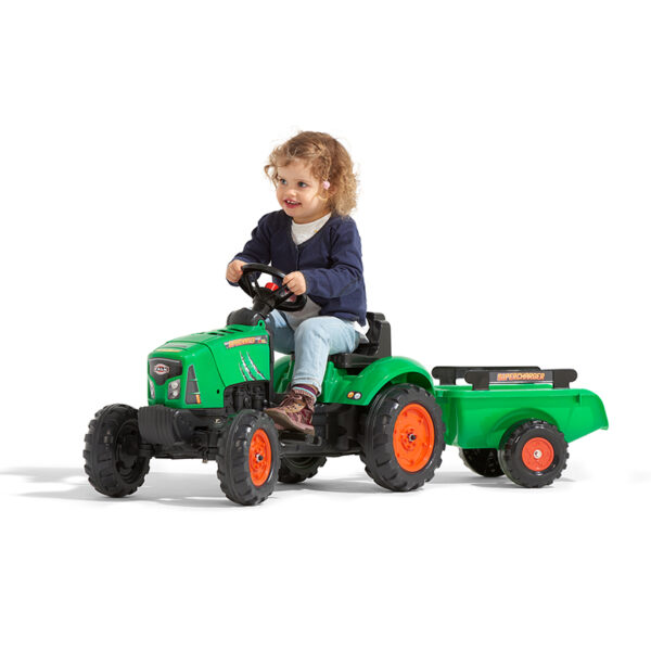 Green Supercharger pedal tractor with opening bonnet and trailer - Image 3