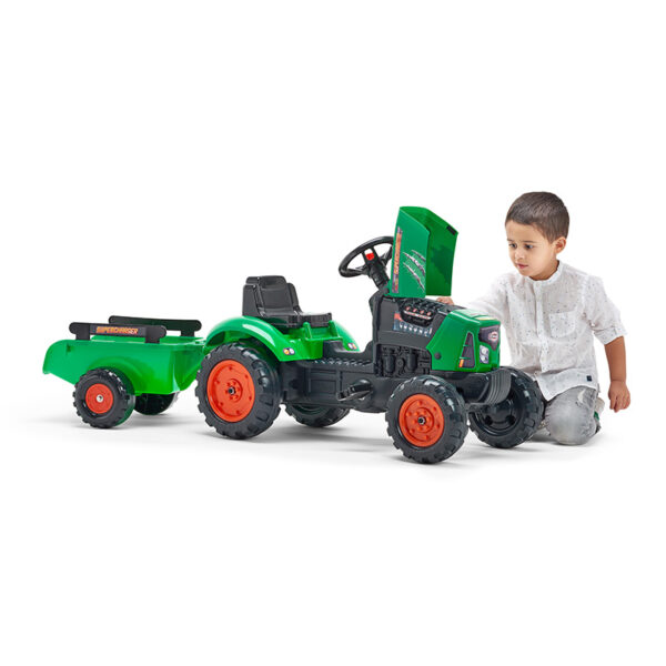 Green Supercharger pedal tractor with opening bonnet and trailer - Image 4