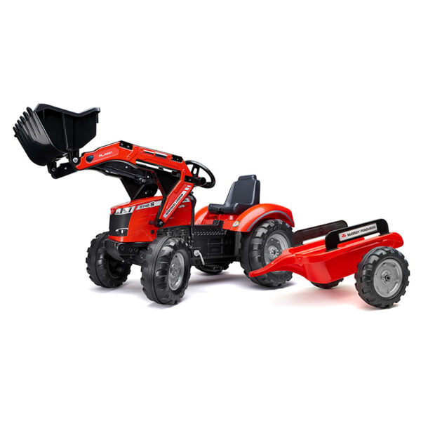 Baggerlader mit Pedalen Massey Ferguson S8740 rot mit Anhänger