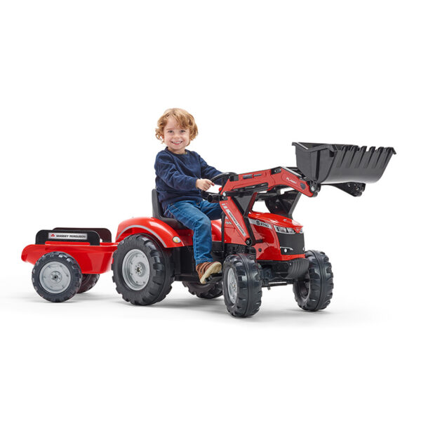 Niño en Ryroexcavadora pedal Massey Ferguson S8740 rojo con remolque