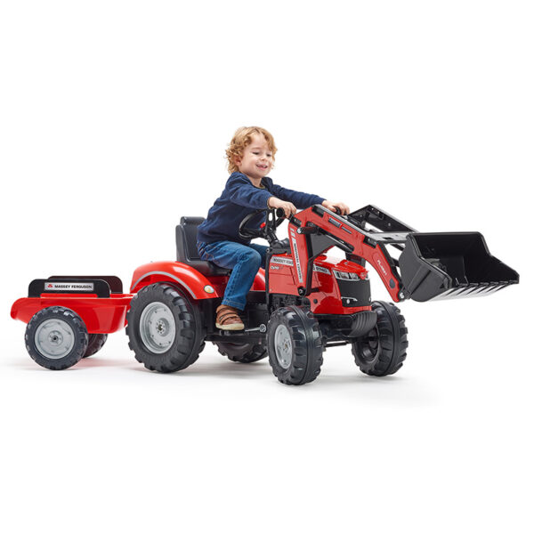 Niño en Ryroexcavadora pedal Massey Ferguson S8740 rojo con remolque